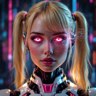 The primary subject of the image is a woman with pink eyes, wearing a futuristic white and pink outfit. She has a ponytail and is wearing a white headband. The setting is a futuristic environment, possibly a digital art or illustration. The visual style is a combination of futuristic and digital art, creating a unique and eye-catching image. The colors and mood of the image are predominantly pink and white, giving it a futuristic and otherworldly